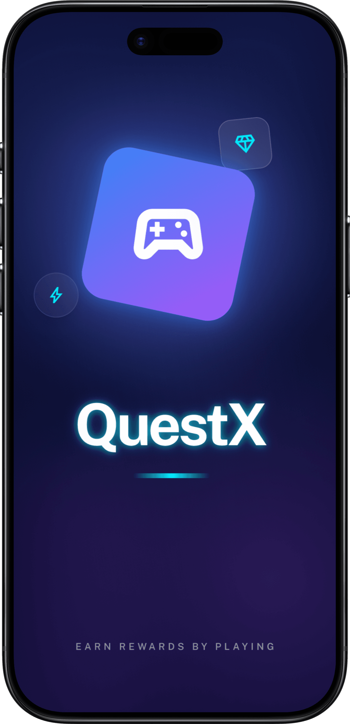 QuestX mobile app showing balance, daily goal, and earn options